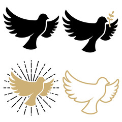 Set of dove icons. Pigeon with a laurel branch. Religious sign.  Peace day.