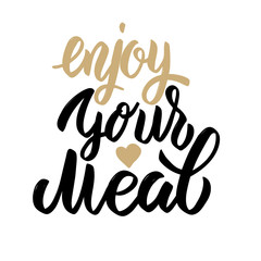 Enjoy your meal. Hand drawn lettering phrase isolated on white background. - obrazy, fototapety, plakaty
