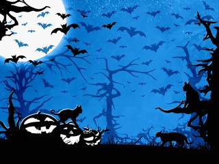 Halloween party blue background, trees, bats, cats and pumpkins