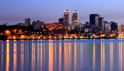 Dnepr city view  at night, lights reflected on the river Dnieper, Ukraine, (Dnipro, Dnipropetrovsk,...