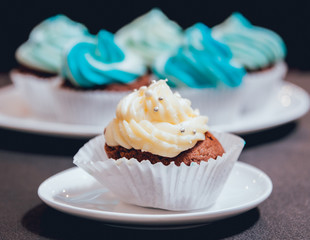 Chocolate caramel cupcake with nuts and butterscotch syrup