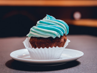Chocolate caramel cupcake with nuts and butterscotch syrup