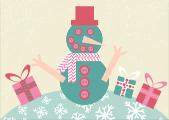 Smiling snowman with Christmas gifts. Vector illustration in a flat design.