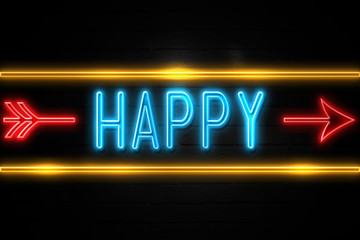 Happy  - fluorescent Neon Sign on brickwall Front view