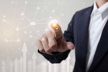 Future of technology, network, user concept, Businessman hand touching network and link user...