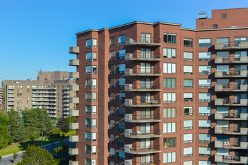 Modern condo buildings with huge windows in Montreal, Canada.
