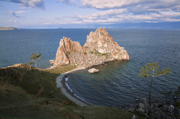 Rock Shaman Stone and cape Burhan on Olkhon Island, Eastern Siberia, Irkutsk region 