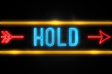 Hold  - fluorescent Neon Sign on brickwall Front view