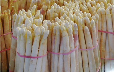 Bunches of white asparagus spears