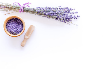 natural cosmetics with lavender and herbs for homemade spa on white background top view mock up