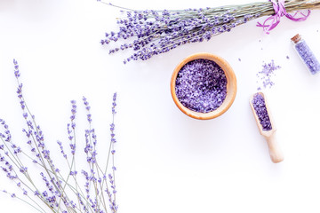 natural cosmetics with lavender and herbs for homemade spa on white background top view mock up