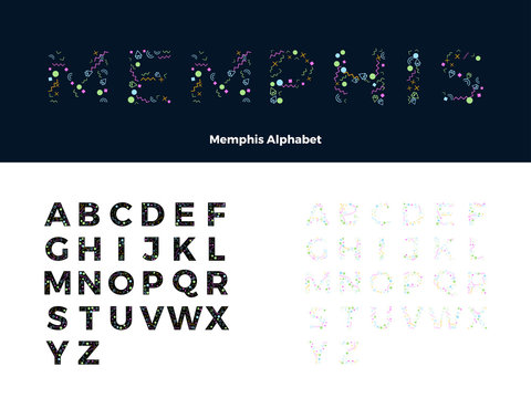 Set of Memphis Alphabet, Decorative Letters, Abstract Pattern filled Alphabet