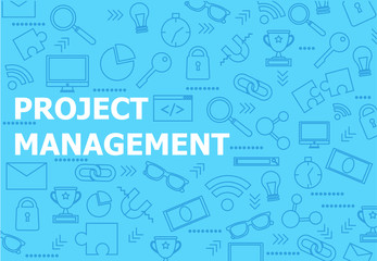 Blue Project Management banner background with line icons. 