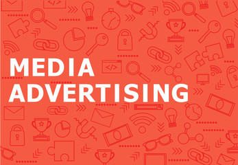 Media advertising banner. Red background with seo icons