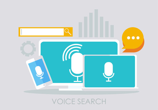 Voice Search Banner. Computer, Laptop And Phone. 
