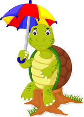 Naklejka premium cute turtle cartoon sitting with bring umbrella