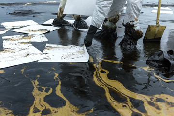 Workers remove and clean up crude oil spilled with absorbent paper