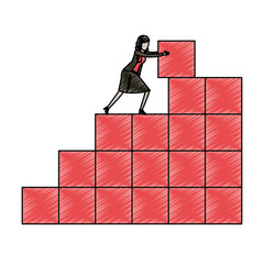 businesswoman pushing a block in structure of bricks in pencils colored silhouette