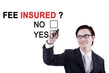 Asian businessman with text of fee insured