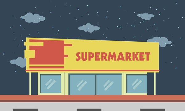 supermarket at night with stars and cloud behind it in flat style