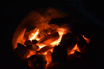 Traditional Stove charcoal burning. Fire charcoal in stove for cooking food or barbecue and Boil water