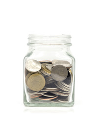 Money Thai baht of Coins in Glass Jar  Isolated on a White Background, Concept save money, financial