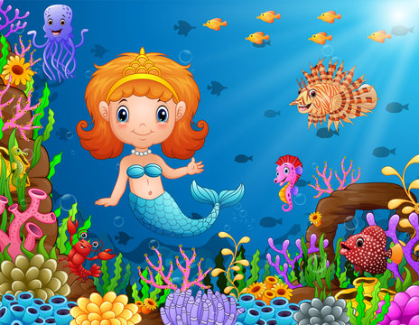 Cartoon little mermaid underwater