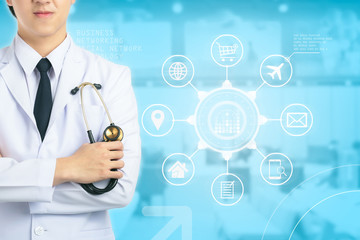 Doctor holding stethoscope hospital. interface as medical concept