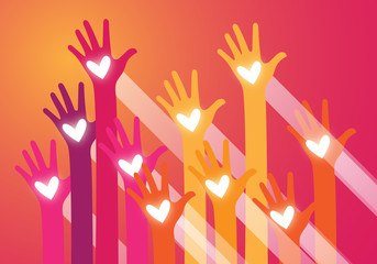 Warm colorful caring up hands hearts vector design element. Colors hand up. colorful hands with heart, vector. Charity and Relief Work. Hand long with long shadow.