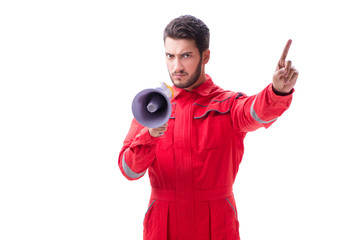 Young repairman with a megaphone bullhorn isolated on white back