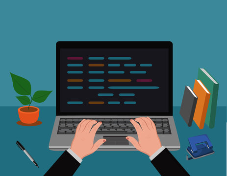 hands typing on laptop, vector illustration