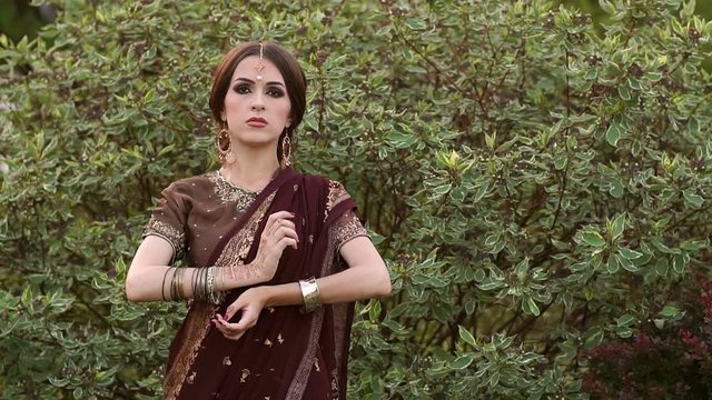 Indian model in a luxurious sari dress posing on camera in the park on a trees background. Girl with pictures of mehendi in her arms is standing in the park and looking at the camera.