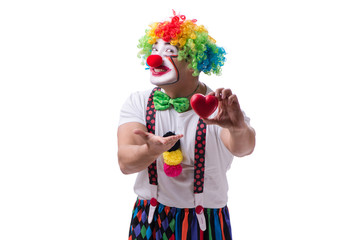 Funny clown with a heart isolated on white background 