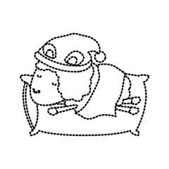 sheep animal with sleeping cap rest in pillow dotted silhouette on white background