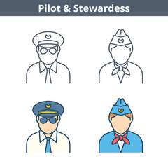 Occupations colorful avatar set: pilot, stewardess. Flat line professions userpic collection. Vector thin outline icons for user profiles, web design, social networks and infographics.