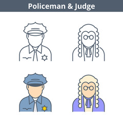 Occupations colorful avatar set: judge, policeman. Flat line professions userpic collection. Vector thin outline icons for user profiles, web design, social networks and infographics.