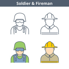 Occupations colorful avatar set: fireman, soldier. Flat line professions userpic collection. Vector thin outline icons for user profiles, web design, social networks and infographics.