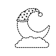 moon half caricature with sleeping cap into the clouds dotted silhouette on white background