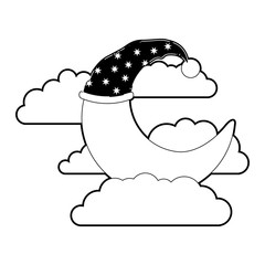 moon half caricature with sleeping cap into the clouds black color section silhouette on white background