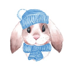 Obraz premium Cute rabbit in blue hat. Watercolor illustration. Isolated on white background