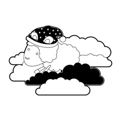 sheep animal with sleeping cap into the clouds black color section silhouette on white background