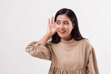 Fototapeta premium smiling happy woman listening ear to good news