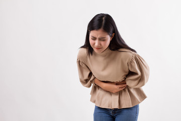 woman with stomach ache, menstrual period cramp, abdominal pain, food poisoning