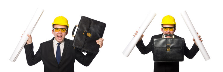 Funny architect with drawings on white