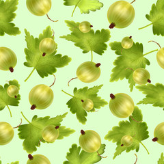 Beautiful seamless pattern with realistic green gooseberry on a green background. Seamless pattern with 3d mesh green gooseberry. Vector illustration.
