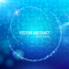Abstract background with blue luminous backdrop and lens flares, and glowing reflections. 3D abstract blue mesh background with circles, lens flares and glowing reflections. Vector illustration.
