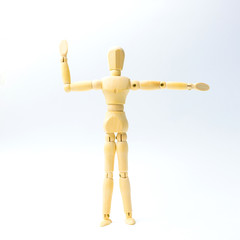 Wooden figure doll with extend the arms emotion for exercise concept on white background