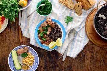 Slices of beef steak with quinoa on plate. Healthy food