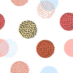 Seamless stylized colorful graphic pattern. Scandinavian fun ornament. Cute colorful design with dots and lines.