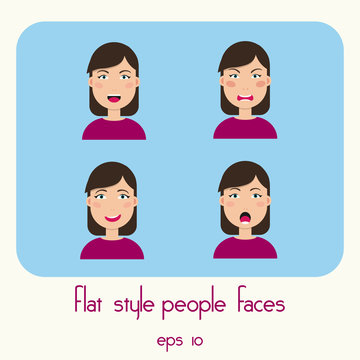 Young women faces isolated on blue background. Vector illustration. Set of facial expressions of girl.